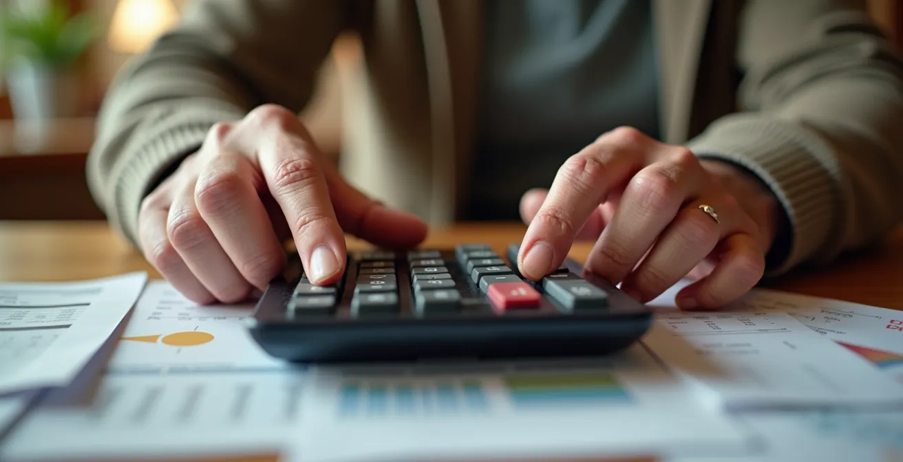 Gros plan sur des mains utilisant une calculatrice avec des factures d'électricité