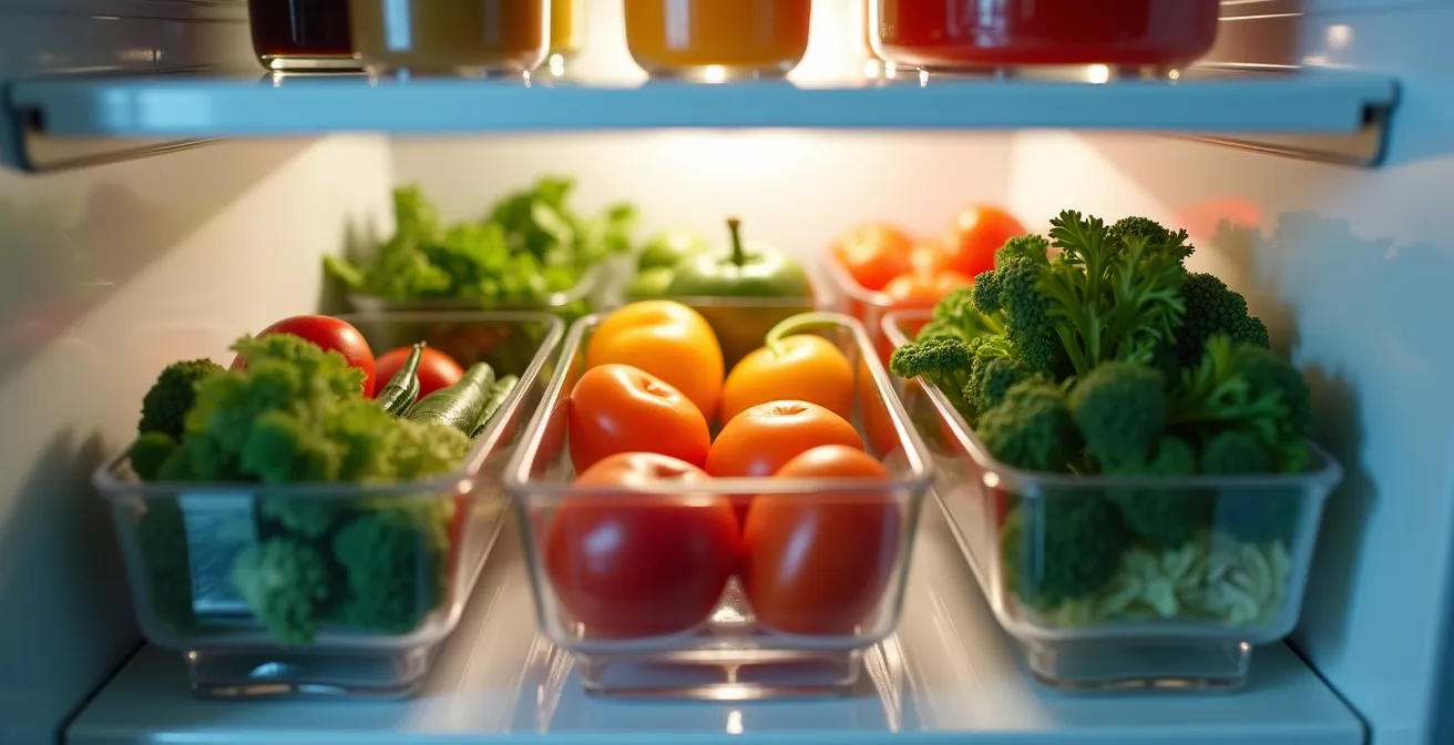 Vue de l'intérieur organisé d'un réfrigérateur combiné avec aliments bien rangés