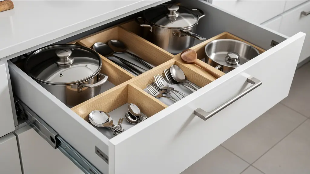 Rangements de cuisine sur mesure avec tiroirs coulissants optimisés