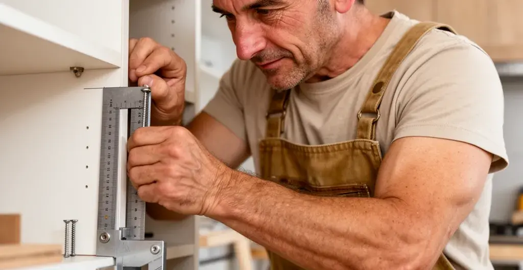 Artisan installant un meuble haut de cuisine lors d'une rénovation accompagnée