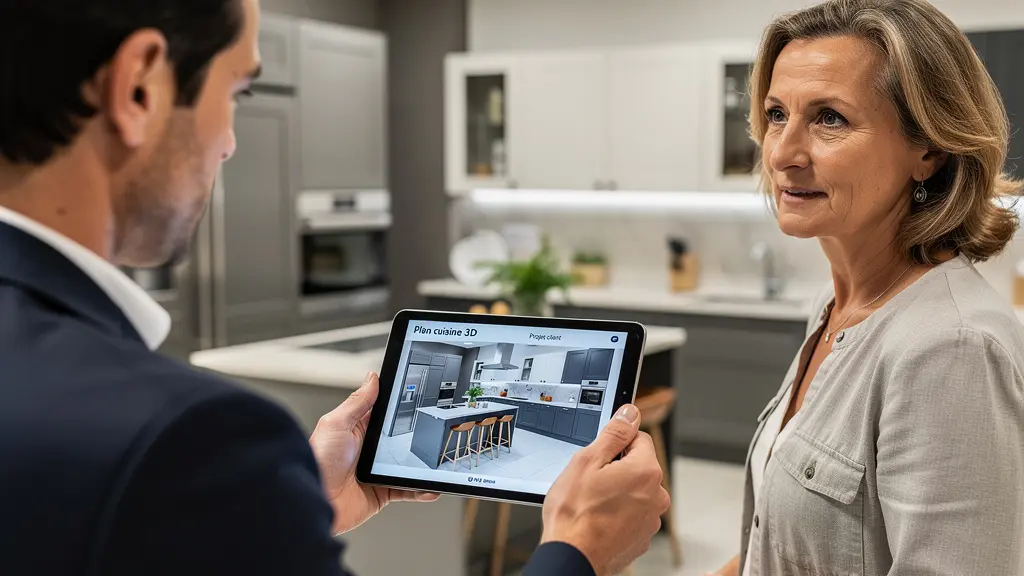 Conseiller cuisiniste présentant un plan 3D personnalisé à une cliente