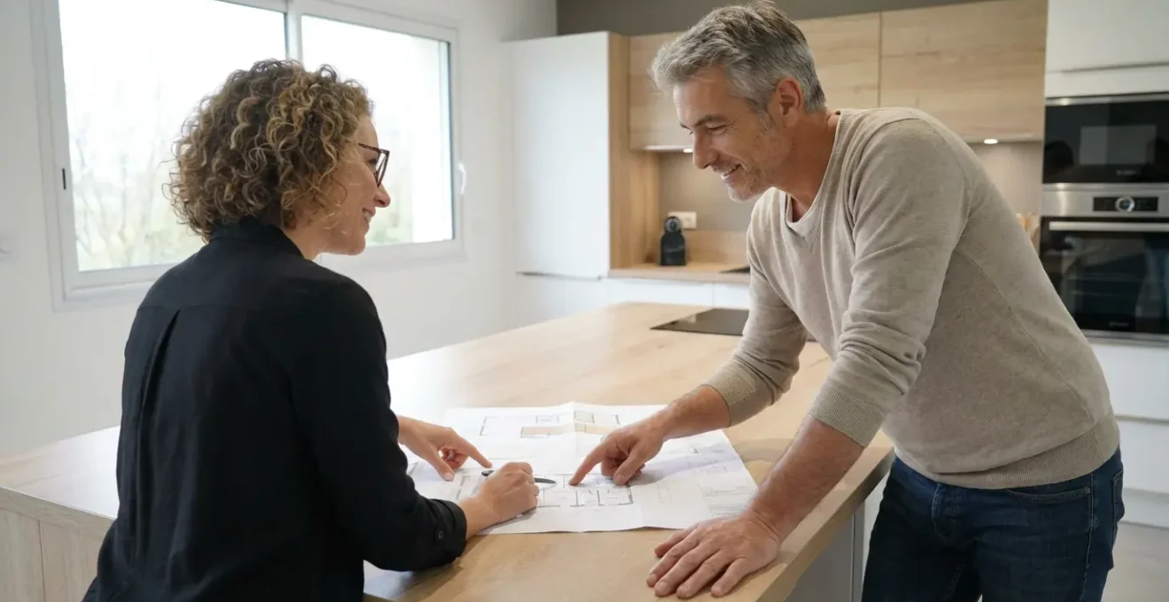 Cuisiniste et client consultant les plans d'une rénovation cuisine sur mesure