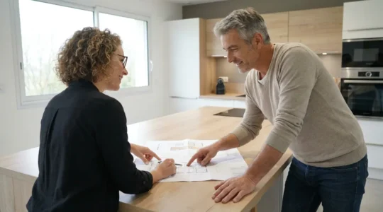 Cuisiniste et client consultant les plans d'une rénovation cuisine sur mesure