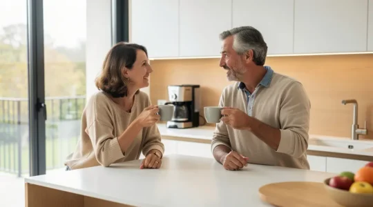 Couple discutant autour d'un îlot central dans une cuisine moderne lumineuse