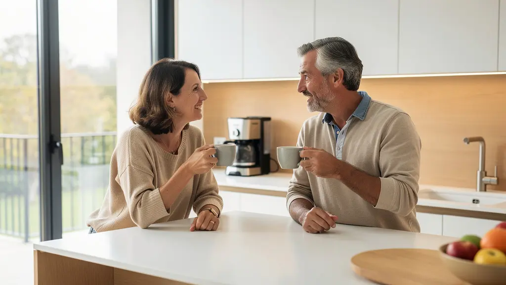 Couple discutant autour d'un îlot central dans une cuisine moderne lumineuse