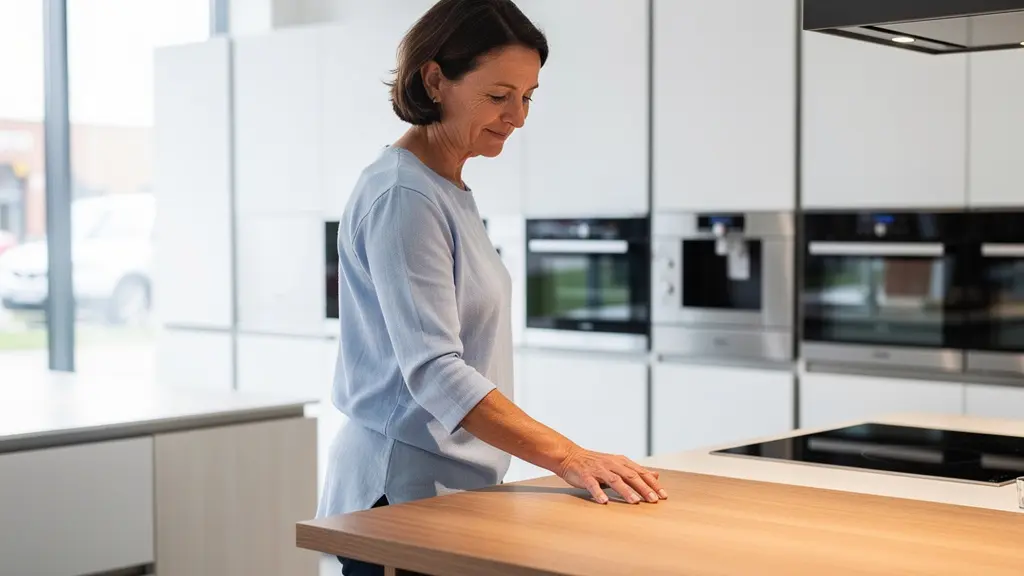 Cliente explorant les cuisines exposées dans un showroom moderne