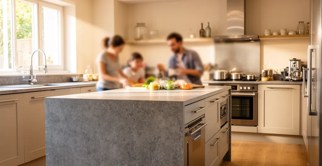 Cuisine moderne sur mesure avec îlot central et famille en arrière-plan