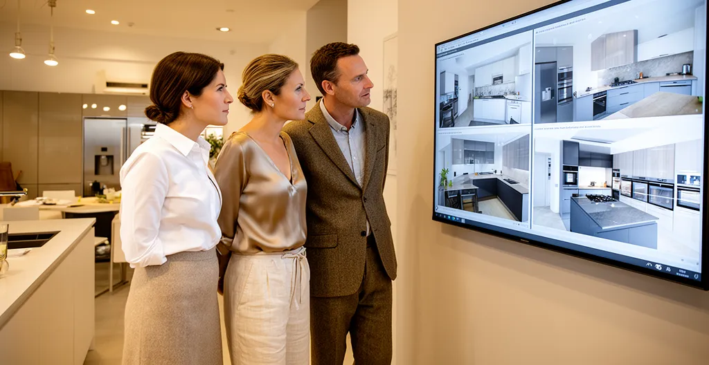 Conseillère cuisine présentant un plan 3D à un couple dans un showroom Schmidt près de Toulouse
