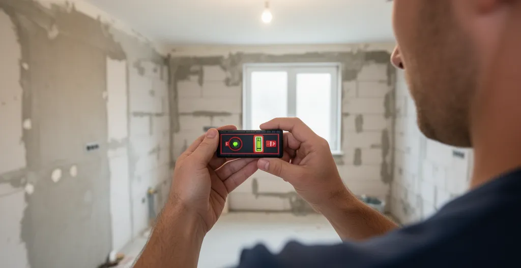 Technicien effectuant des mesures avec un laser dans une cuisine en rénovation