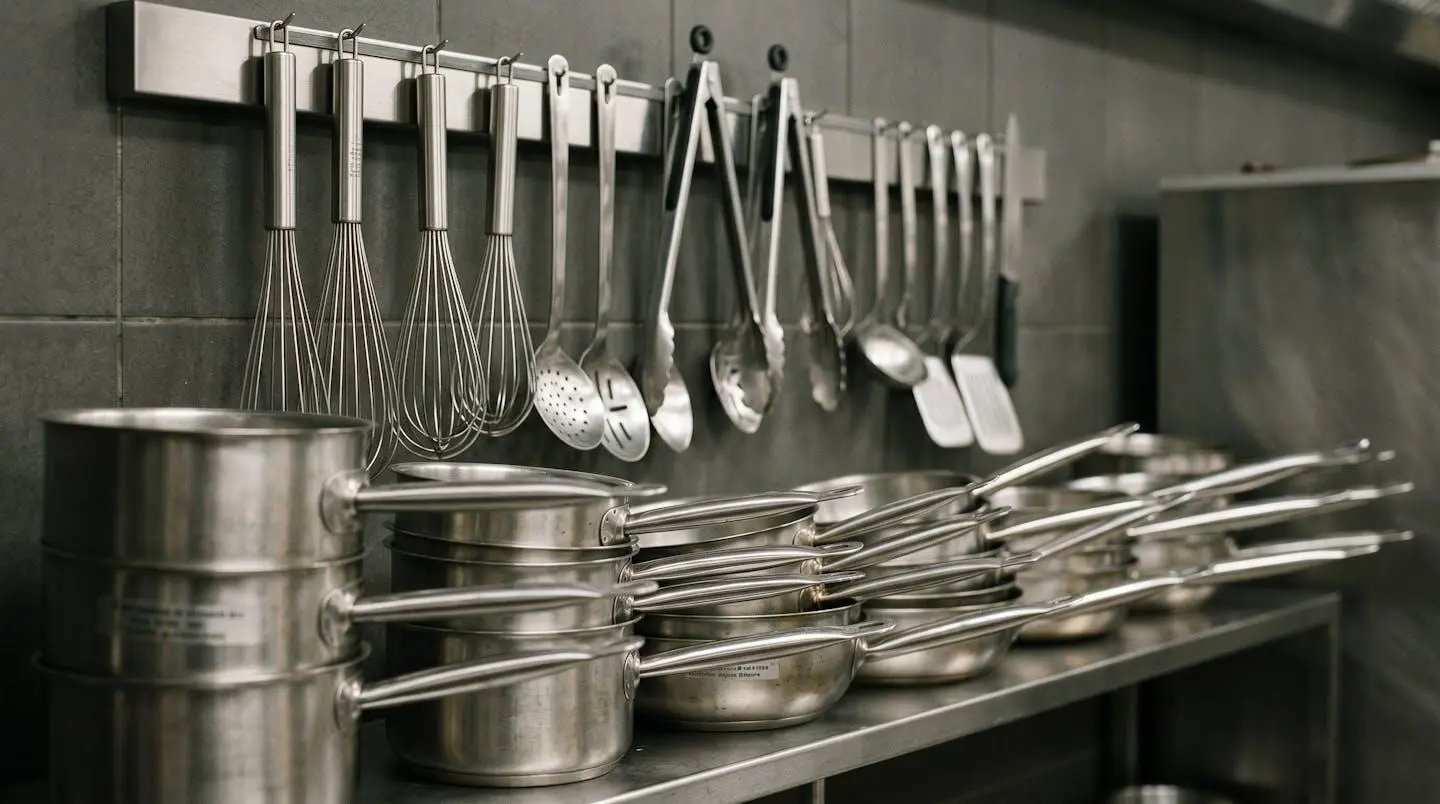 Gros plan sur équipements de cuisine professionnelle en inox alignés avec précision : casseroles empilées et ustensiles suspendus, lumière rasante révélant les textures métalliques